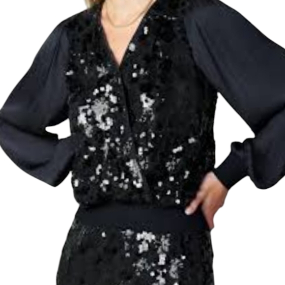 Current Air black surplice v neck long sleeve embellished sequin black top NWT - Picture 5 of 9